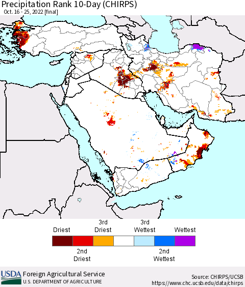 Middle East and Turkey Precipitation Rank since 1981, 10-Day (CHIRPS) Thematic Map For 10/16/2022 - 10/25/2022
