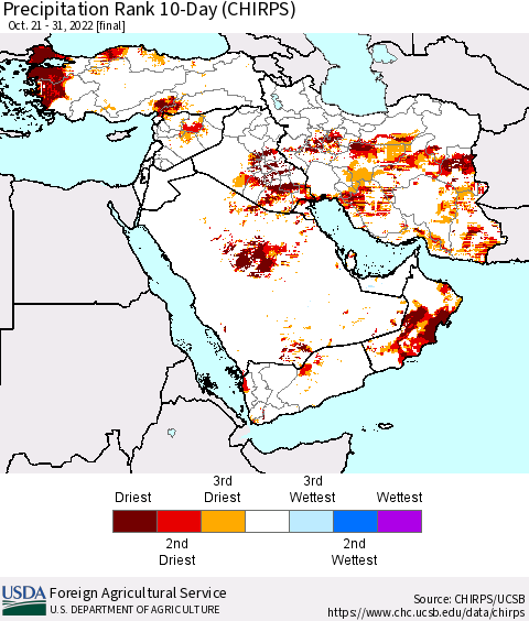 Middle East and Turkey Precipitation Rank since 1981, 10-Day (CHIRPS) Thematic Map For 10/21/2022 - 10/31/2022