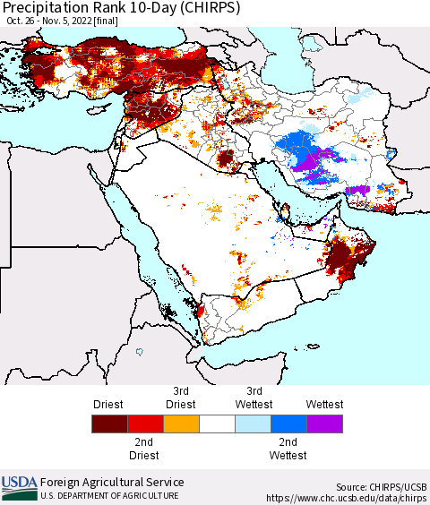 Middle East and Turkey Precipitation Rank since 1981, 10-Day (CHIRPS) Thematic Map For 10/26/2022 - 11/5/2022
