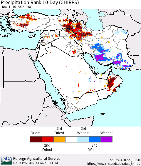 Middle East and Turkey Precipitation Rank since 1981, 10-Day (CHIRPS) Thematic Map For 11/1/2022 - 11/10/2022