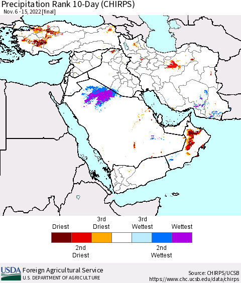 Middle East and Turkey Precipitation Rank since 1981, 10-Day (CHIRPS) Thematic Map For 11/6/2022 - 11/15/2022