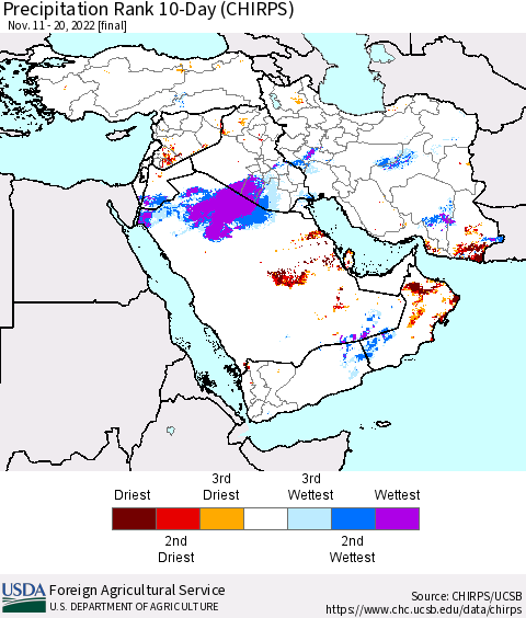 Middle East and Turkey Precipitation Rank since 1981, 10-Day (CHIRPS) Thematic Map For 11/11/2022 - 11/20/2022