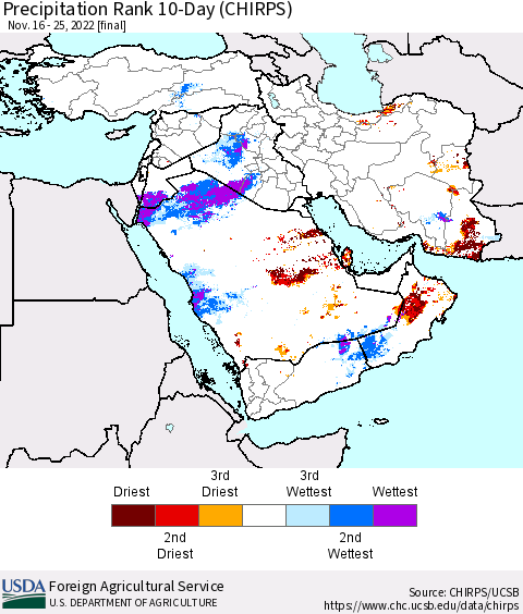 Middle East and Turkey Precipitation Rank since 1981, 10-Day (CHIRPS) Thematic Map For 11/16/2022 - 11/25/2022