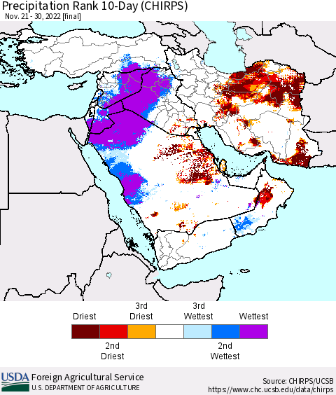 Middle East and Turkey Precipitation Rank since 1981, 10-Day (CHIRPS) Thematic Map For 11/21/2022 - 11/30/2022