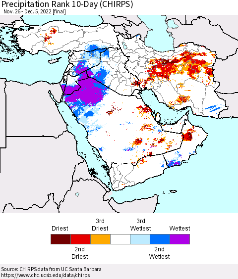 Middle East and Turkey Precipitation Rank since 1981, 10-Day (CHIRPS) Thematic Map For 11/26/2022 - 12/5/2022