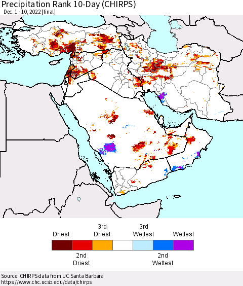 Middle East and Turkey Precipitation Rank since 1981, 10-Day (CHIRPS) Thematic Map For 12/1/2022 - 12/10/2022