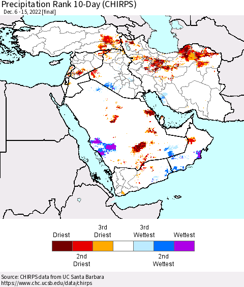 Middle East and Turkey Precipitation Rank since 1981, 10-Day (CHIRPS) Thematic Map For 12/6/2022 - 12/15/2022
