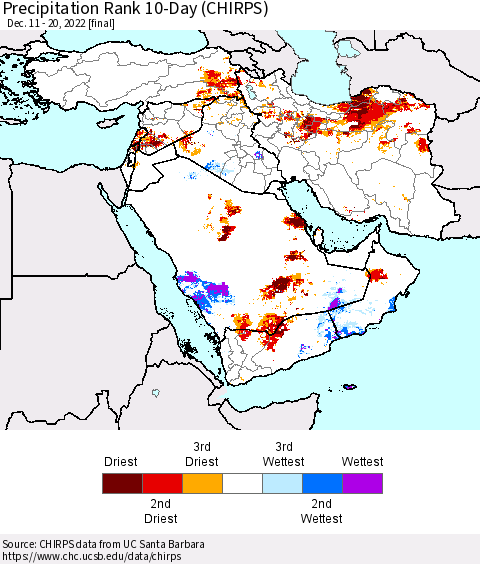 Middle East and Turkey Precipitation Rank since 1981, 10-Day (CHIRPS) Thematic Map For 12/11/2022 - 12/20/2022