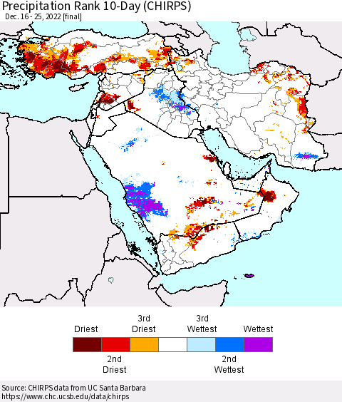 Middle East and Turkey Precipitation Rank since 1981, 10-Day (CHIRPS) Thematic Map For 12/16/2022 - 12/25/2022
