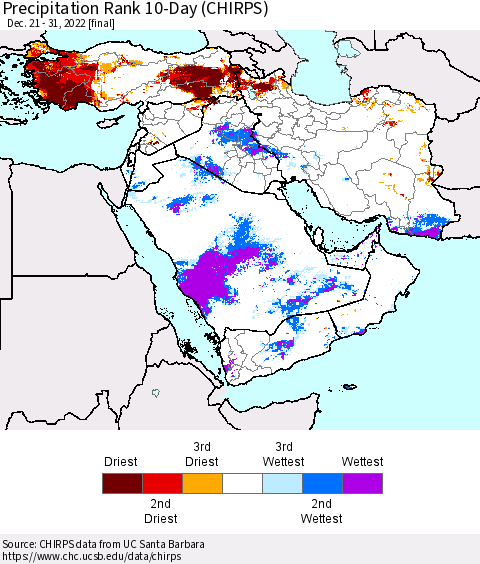 Middle East and Turkey Precipitation Rank since 1981, 10-Day (CHIRPS) Thematic Map For 12/21/2022 - 12/31/2022