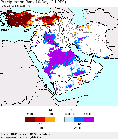 Middle East and Turkey Precipitation Rank since 1981, 10-Day (CHIRPS) Thematic Map For 12/26/2022 - 1/5/2023
