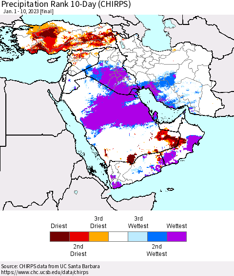 Middle East and Turkey Precipitation Rank since 1981, 10-Day (CHIRPS) Thematic Map For 1/1/2023 - 1/10/2023