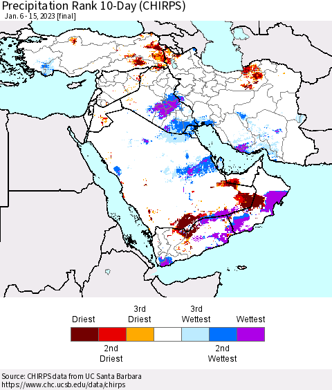 Middle East and Turkey Precipitation Rank since 1981, 10-Day (CHIRPS) Thematic Map For 1/6/2023 - 1/15/2023