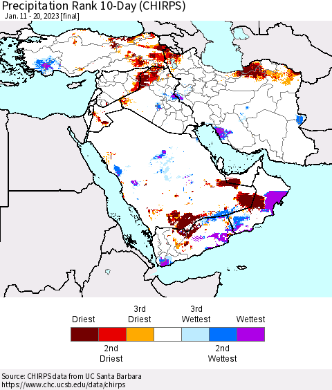 Middle East and Turkey Precipitation Rank since 1981, 10-Day (CHIRPS) Thematic Map For 1/11/2023 - 1/20/2023
