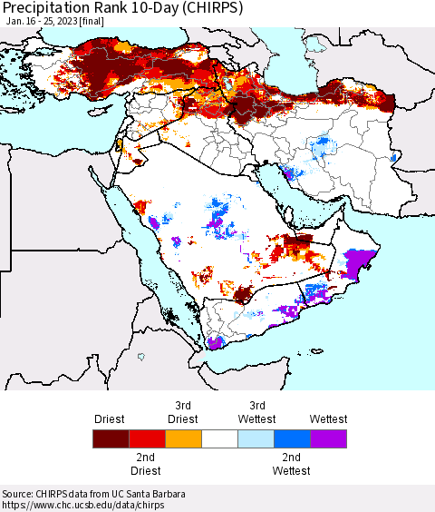 Middle East and Turkey Precipitation Rank since 1981, 10-Day (CHIRPS) Thematic Map For 1/16/2023 - 1/25/2023