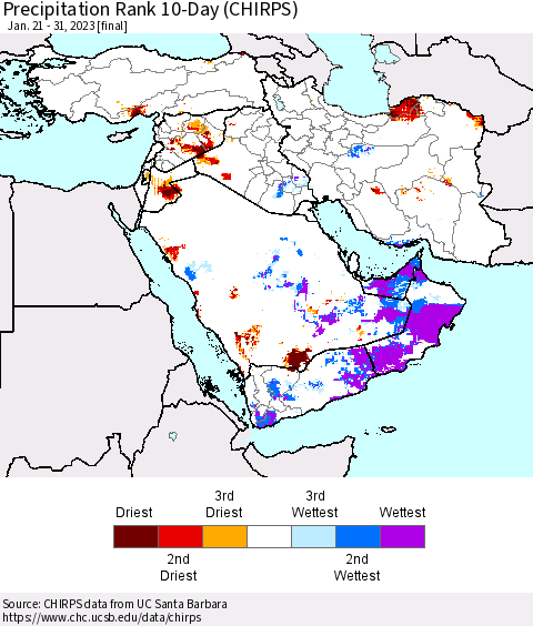 Middle East and Turkey Precipitation Rank since 1981, 10-Day (CHIRPS) Thematic Map For 1/21/2023 - 1/31/2023