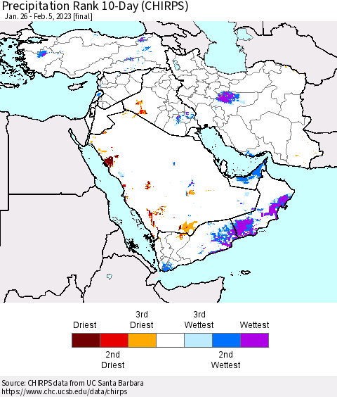 Middle East and Turkey Precipitation Rank since 1981, 10-Day (CHIRPS) Thematic Map For 1/26/2023 - 2/5/2023