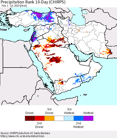Middle East and Turkey Precipitation Rank since 1981, 10-Day (CHIRPS) Thematic Map For 2/1/2023 - 2/10/2023