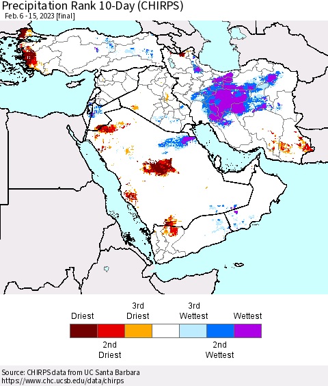 Middle East and Turkey Precipitation Rank since 1981, 10-Day (CHIRPS) Thematic Map For 2/6/2023 - 2/15/2023