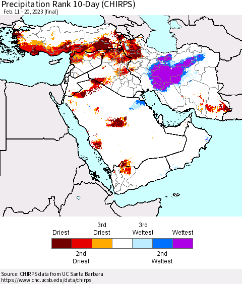 Middle East and Turkey Precipitation Rank since 1981, 10-Day (CHIRPS) Thematic Map For 2/11/2023 - 2/20/2023
