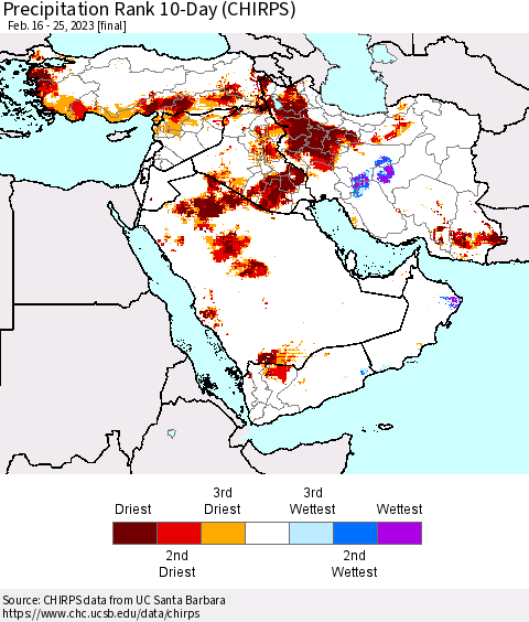 Middle East and Turkey Precipitation Rank since 1981, 10-Day (CHIRPS) Thematic Map For 2/16/2023 - 2/25/2023