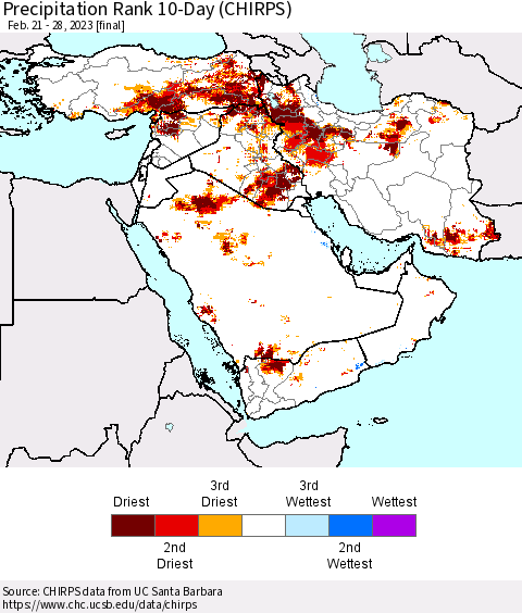 Middle East and Turkey Precipitation Rank since 1981, 10-Day (CHIRPS) Thematic Map For 2/21/2023 - 2/28/2023