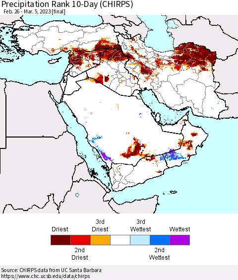 Middle East and Turkey Precipitation Rank since 1981, 10-Day (CHIRPS) Thematic Map For 2/26/2023 - 3/5/2023