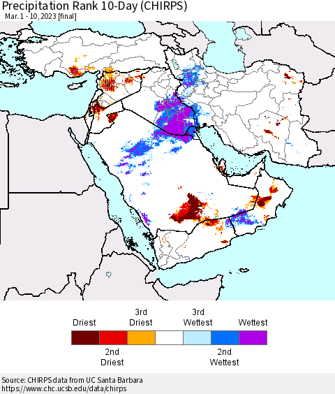 Middle East and Turkey Precipitation Rank since 1981, 10-Day (CHIRPS) Thematic Map For 3/1/2023 - 3/10/2023