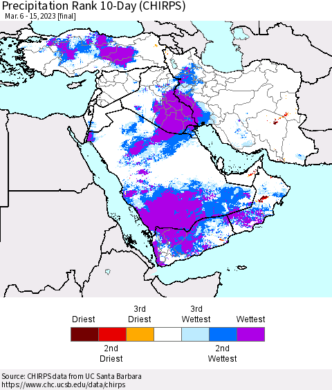 Middle East and Turkey Precipitation Rank since 1981, 10-Day (CHIRPS) Thematic Map For 3/6/2023 - 3/15/2023