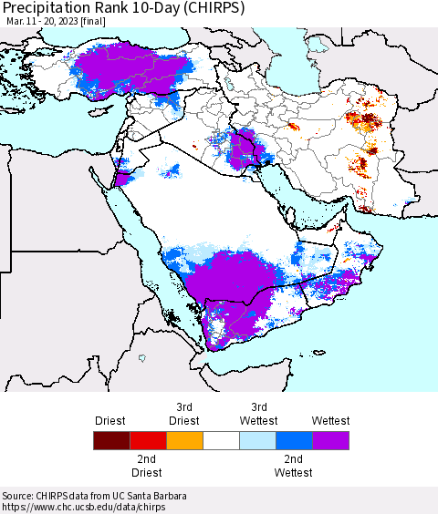 Middle East and Turkey Precipitation Rank since 1981, 10-Day (CHIRPS) Thematic Map For 3/11/2023 - 3/20/2023
