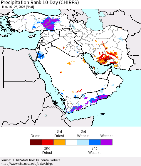 Middle East and Turkey Precipitation Rank since 1981, 10-Day (CHIRPS) Thematic Map For 3/16/2023 - 3/25/2023