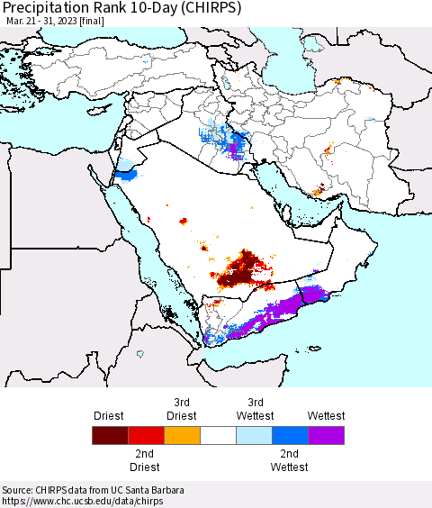 Middle East and Turkey Precipitation Rank since 1981, 10-Day (CHIRPS) Thematic Map For 3/21/2023 - 3/31/2023