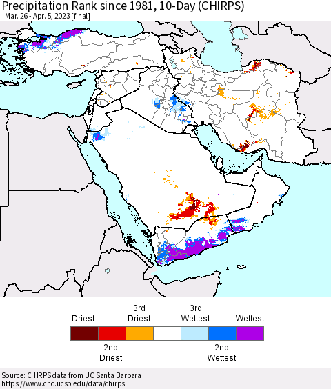 Middle East and Turkey Precipitation Rank since 1981, 10-Day (CHIRPS) Thematic Map For 3/26/2023 - 4/5/2023