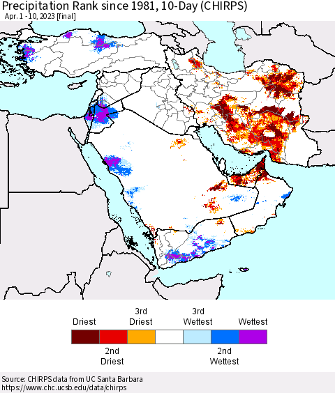 Middle East and Turkey Precipitation Rank since 1981, 10-Day (CHIRPS) Thematic Map For 4/1/2023 - 4/10/2023