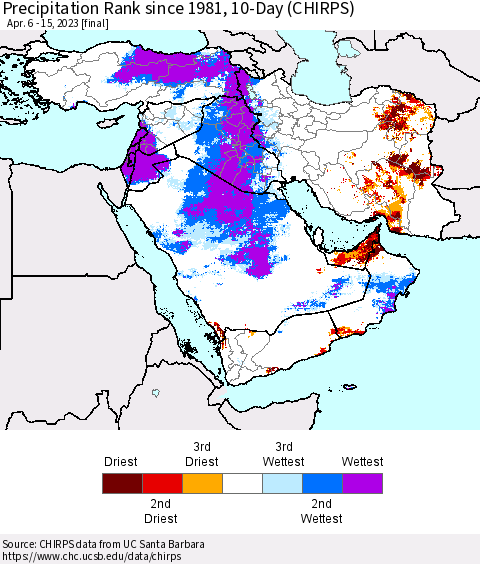 Middle East and Turkey Precipitation Rank since 1981, 10-Day (CHIRPS) Thematic Map For 4/6/2023 - 4/15/2023