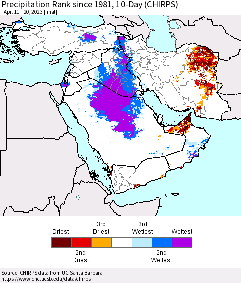 Middle East and Turkey Precipitation Rank since 1981, 10-Day (CHIRPS) Thematic Map For 4/11/2023 - 4/20/2023