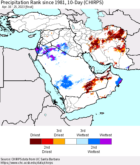 Middle East and Turkey Precipitation Rank since 1981, 10-Day (CHIRPS) Thematic Map For 4/16/2023 - 4/25/2023