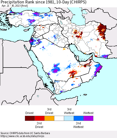 Middle East and Turkey Precipitation Rank since 1981, 10-Day (CHIRPS) Thematic Map For 4/21/2023 - 4/30/2023