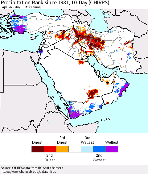 Middle East and Turkey Precipitation Rank since 1981, 10-Day (CHIRPS) Thematic Map For 4/26/2023 - 5/5/2023