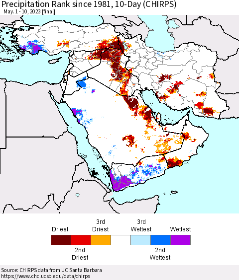Middle East and Turkey Precipitation Rank since 1981, 10-Day (CHIRPS) Thematic Map For 5/1/2023 - 5/10/2023