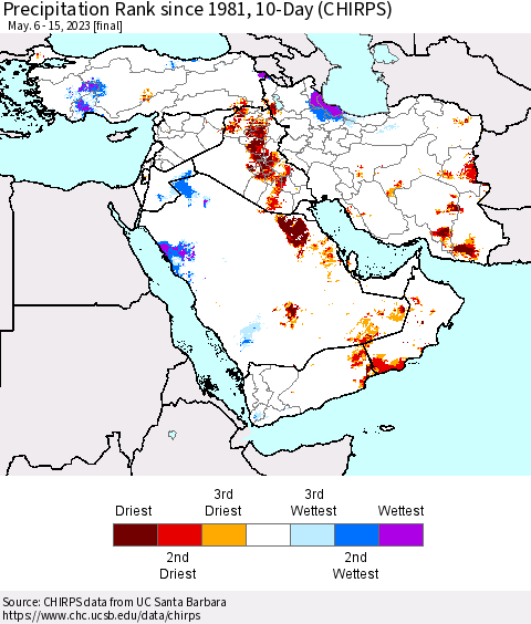 Middle East and Turkey Precipitation Rank since 1981, 10-Day (CHIRPS) Thematic Map For 5/6/2023 - 5/15/2023