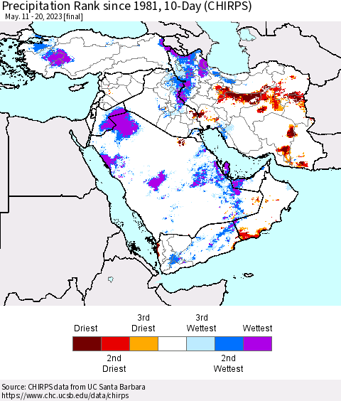Middle East and Turkey Precipitation Rank since 1981, 10-Day (CHIRPS) Thematic Map For 5/11/2023 - 5/20/2023
