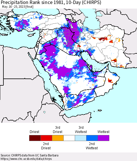 Middle East and Turkey Precipitation Rank since 1981, 10-Day (CHIRPS) Thematic Map For 5/16/2023 - 5/25/2023