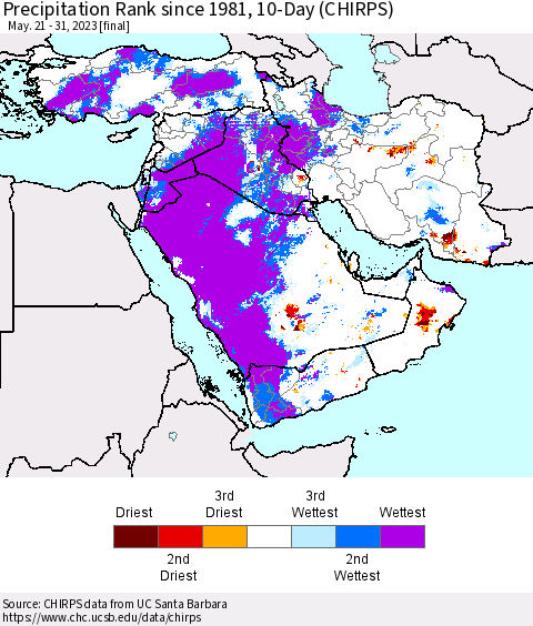 Middle East and Turkey Precipitation Rank since 1981, 10-Day (CHIRPS) Thematic Map For 5/21/2023 - 5/31/2023