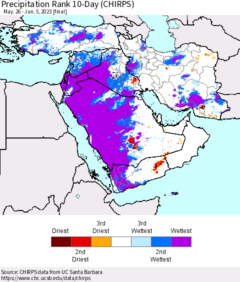 Middle East and Turkey Precipitation Rank since 1981, 10-Day (CHIRPS) Thematic Map For 5/26/2023 - 6/5/2023