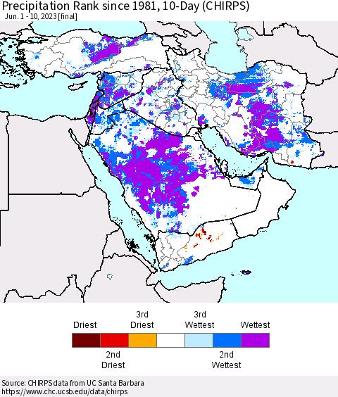 Middle East and Turkey Precipitation Rank since 1981, 10-Day (CHIRPS) Thematic Map For 6/1/2023 - 6/10/2023