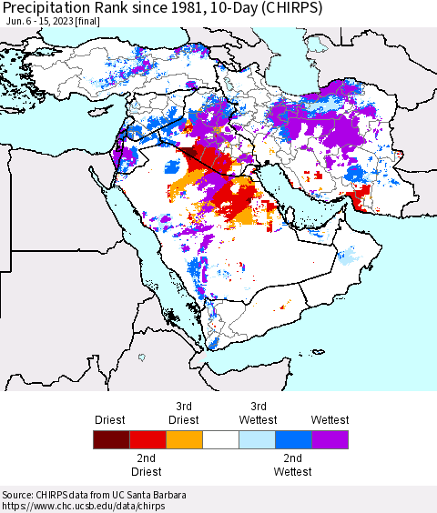 Middle East and Turkey Precipitation Rank since 1981, 10-Day (CHIRPS) Thematic Map For 6/6/2023 - 6/15/2023
