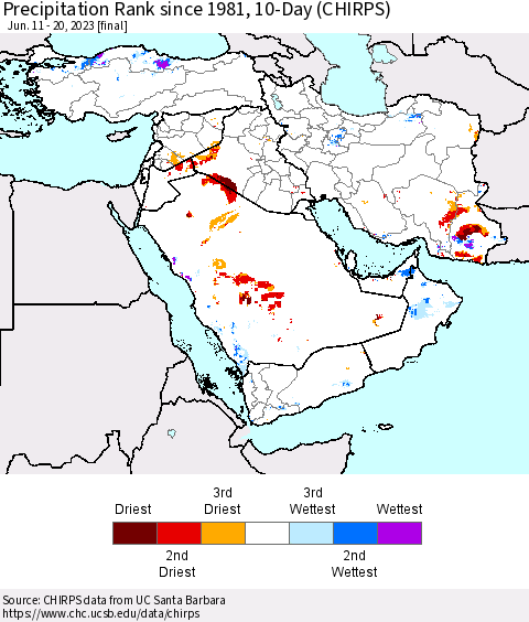 Middle East and Turkey Precipitation Rank since 1981, 10-Day (CHIRPS) Thematic Map For 6/11/2023 - 6/20/2023