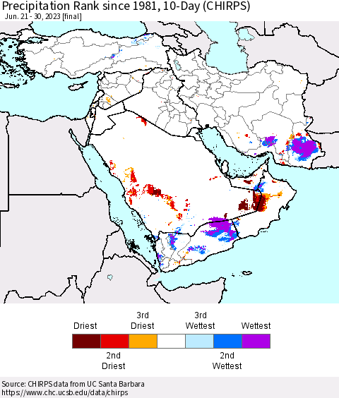 Middle East and Turkey Precipitation Rank since 1981, 10-Day (CHIRPS) Thematic Map For 6/21/2023 - 6/30/2023