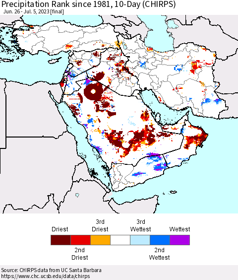 Middle East and Turkey Precipitation Rank since 1981, 10-Day (CHIRPS) Thematic Map For 6/26/2023 - 7/5/2023